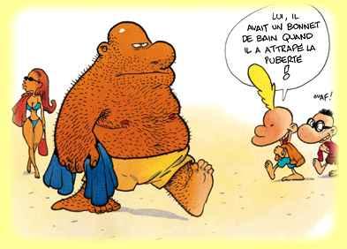 Titeuf aperçoit un chauve poilu. Lui il avait un bonnet de bain quand il a attrapé la puberté ! Titeuf aperçoit un chauve poilu. Lui il avait un bonnet de bain quand il a attrapé la puberté !