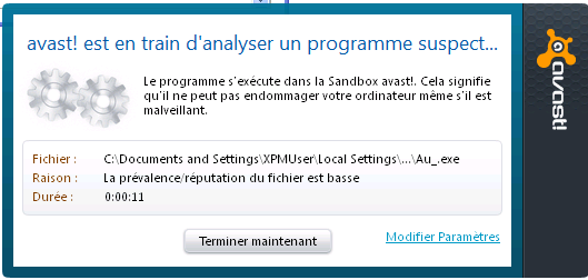 Fenêtre d'analyse d'avast antivirus