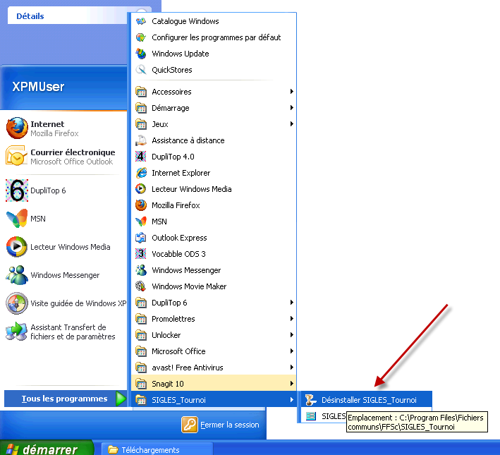 Désinstallation de SIGLES à partir du menu démarrer de windows