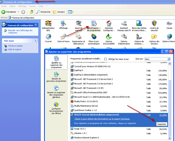 Désinstallation de SIGLES via le panneau de configuration de Windows