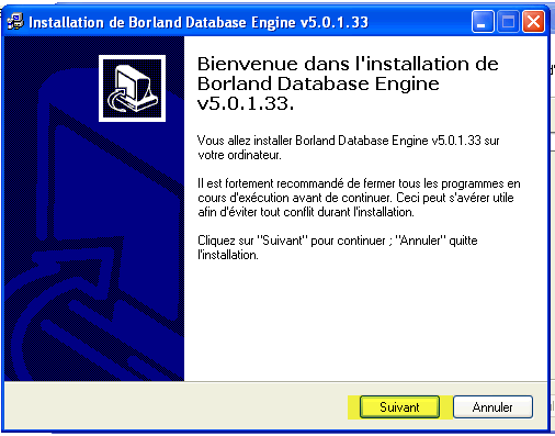 Fénêtre d'accueil de l'installation de borland Database Engine Accueil Borland installation