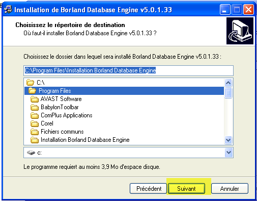 Fenêtre de choix du répertoire pour Borland Database Engine Choix du répertoire BDE