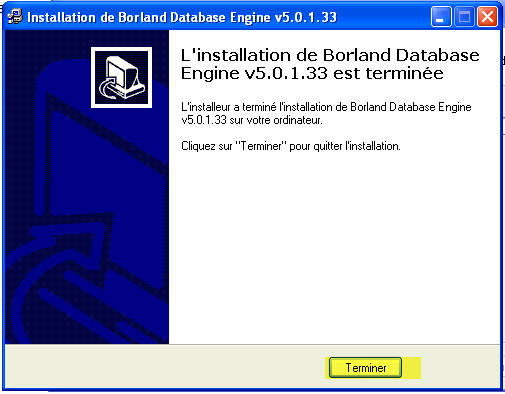 Fenêtre de fin d'installation de Borland Database Engine Borland fin d'installation