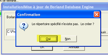 Fenêtre de confirmation de création du répertoire pour la mise à jour de Borland Databse Engine Borland mise à jour