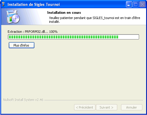 Fenêtre de progression de l'installation de SIGLES Progression installation