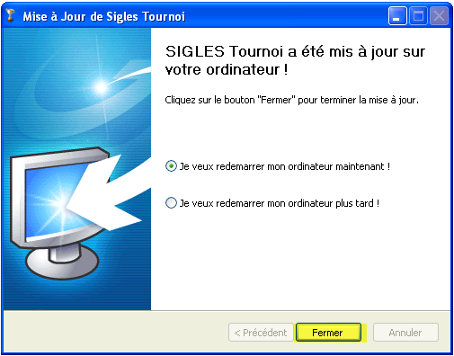 Page de redémarrage après une mise à jour de SIGLES Mise à jour redémarrage